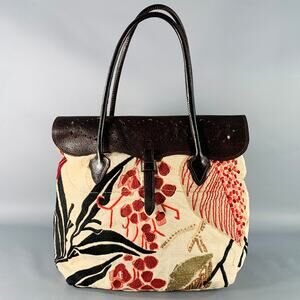 DRIES VAN NOTEN Brown Cream Red Embroidered Leather Tote Handbag